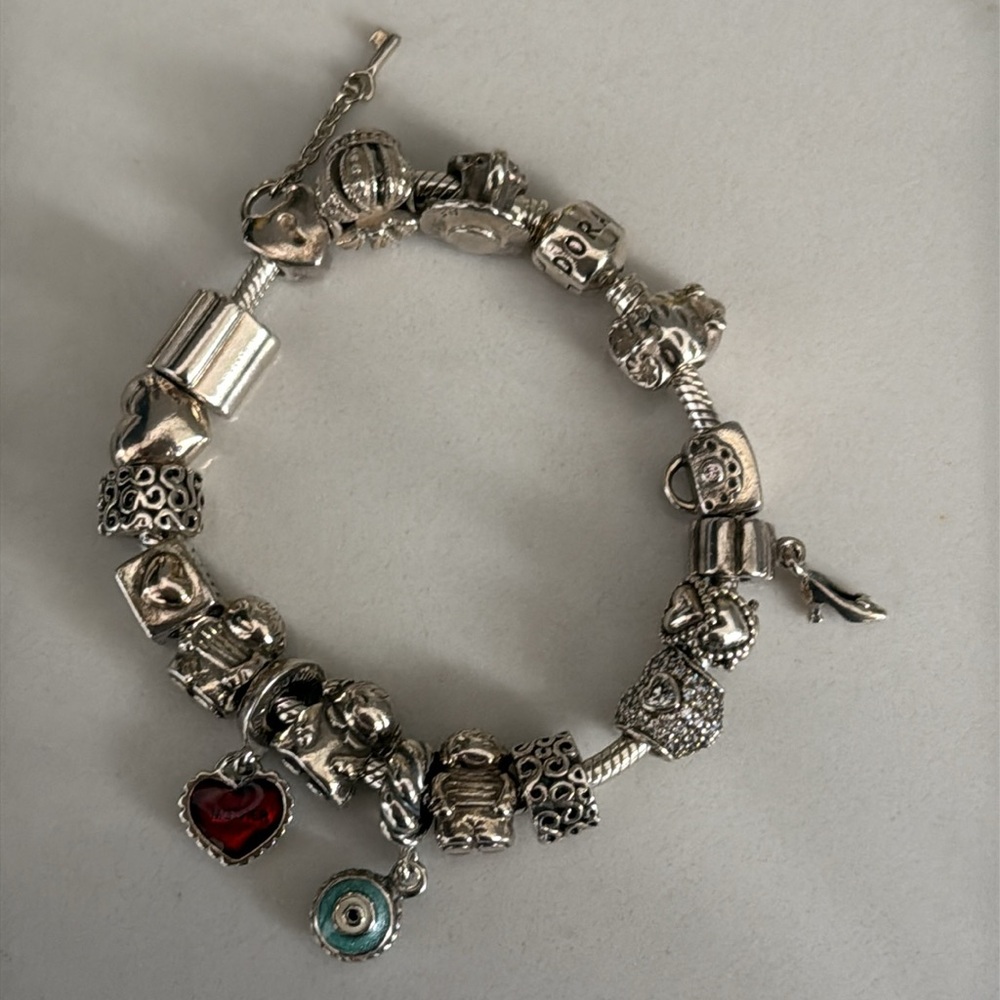 Authentic Pandora Vintage Charm Bracelet with 16 Charms